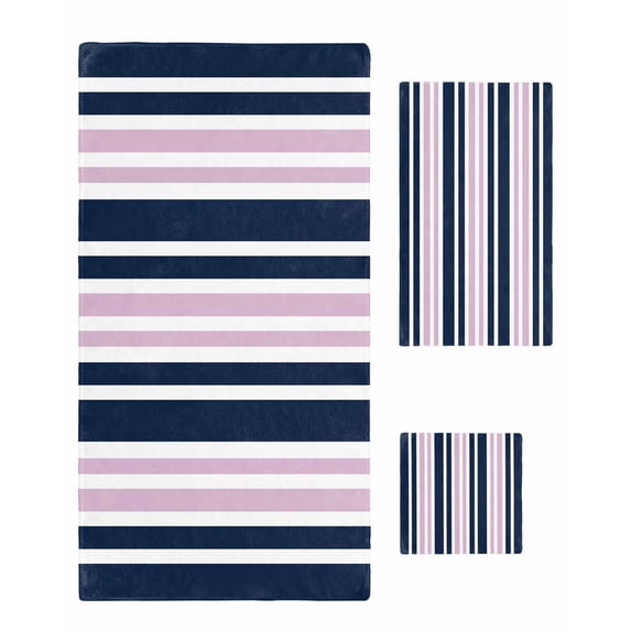 Navy Blue Pink Striped Towel Set of 3, Soft Microfiber Bath Towels, Hand Towel, Washcloths, Modern Minimalist Ombre Lines Quick-Dry Absorbent Towels for Bathroom Kitchen Hotel Beach Gym Spa