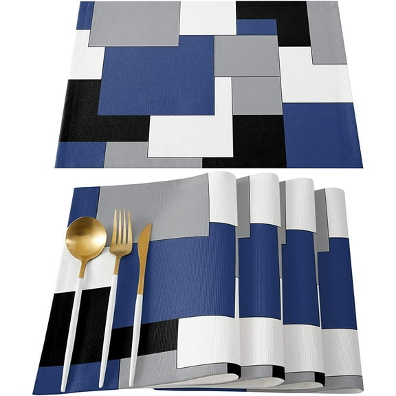 Navy Blue Placemats Set of 4,Non Slip Washable Table Mats Set, Black Abstract Art Patchwork Table Placemats for Kitchen Dining Table,Wedding Holiday Party Decoration