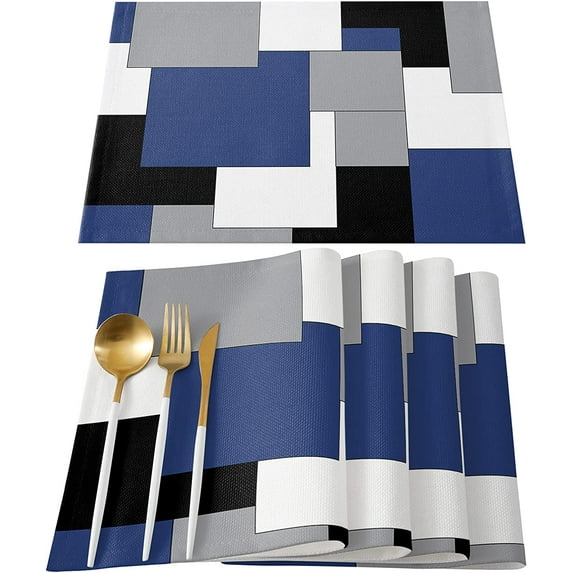 Navy Blue Placemats Set of 4,Non Slip Washable Table Mats Set, Black Abstract Art Patchwork Table Placemats for Kitchen Dining Table,Wedding Holiday Party Decoration