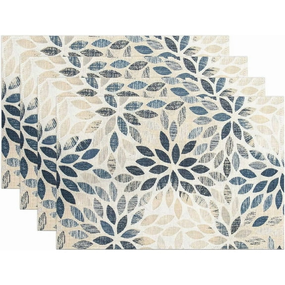Navy Blue Placemats Set of 4 Summer Modern Elegant Geometric Flower Linen Table Place Mat Non-Slip Heat Resistant Place Mats for Home Kitchen Dining Table, 12"x18"