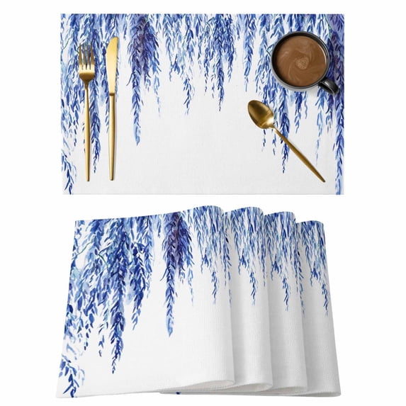 Navy Blue Placemats Set of 6, Summer Botanical Leaves Watercolor Placemats for Dining Table, Place Mats for Kitchen Tabletop, Waterproof Wipeable Dining Table Mats Set