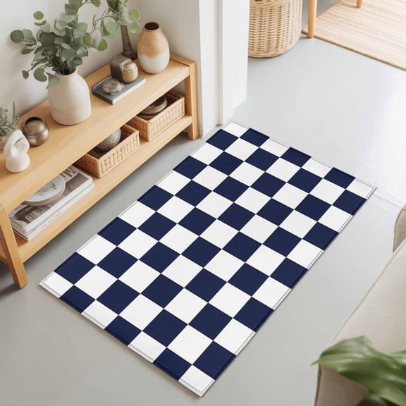 Navy Blue Plaid 2'x3' Rug for Entryway Front Door Kitchen Sink Area, Modern Checkerboard Plaid Repeating Pattern Low Pile Washable Non Slip Rectangle Area Rug for Living Room