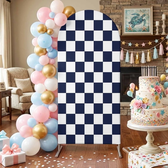 Navy Blue Plaid Arch Backdrop Covers 4 FT, Modern Checkerboard Plaid Repeating Pattern Stretchy Fitted Arched Stand Covers Party Arch Stand Cover Photo Booth for Wedding Birthday Decor