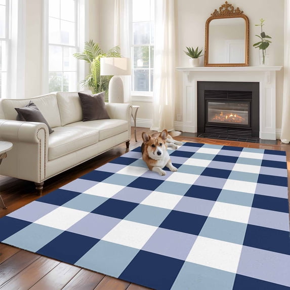 Navy Blue Plaid Area Rug 5x7 FT, Non Slip Bedroom Throw Carpet, Spring Farmhouse Buffalo Checkered Washable Soft Floor Carpet Non-Shedding Rug for Dining Room Bedside Classroom Desk