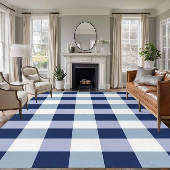 Navy Blue Plaid Area Rug 6x9 FT, Non Slip Living Room Throw Carpet, Spring Farmhouse Buffalo Checkered Washable Soft Large Floor Carpet Non-Shedding Rug for Bedroom Dining Room Play Room