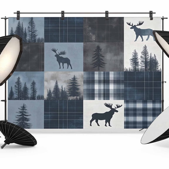 Navy Blue Plaid Backdrop for Photoshoot, Photography Photo Studio Background Wall Backdrop, Farmhouse Animals Tree Retro Back Drop Banner Panel for Portraits Wedding Party Live Streaming Decor 7x5Ft