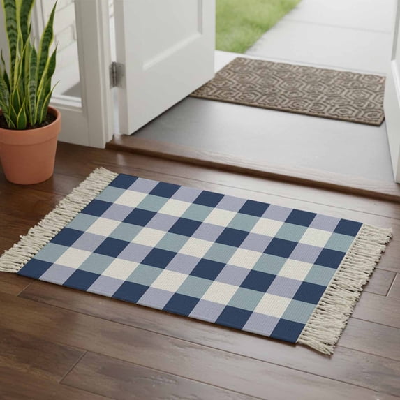 Navy Blue Plaid Bathroom Rug 2'x3', Spring Farmhouse Buffalo Checkered Low Profile Front Entryway Rug with Tassels, Woven Cotton Washable Kitchen Mat Carpet for Foyer Bedroom Back Door Decor