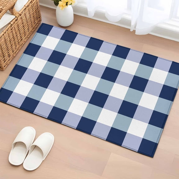 Navy Blue Plaid Bathroom Rug Washable 2x3 Entryway Rug Non Slip Spring Farmhouse Buffalo Checkered Front Door Mat Low Pile Indoor Doormat Throw Floor Carpet for Kitchen Bedroom Entrance