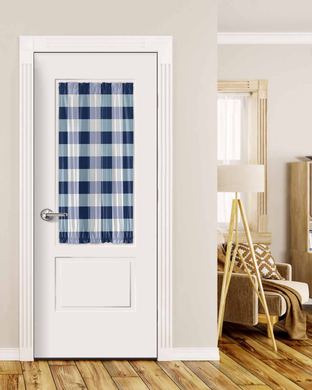 Navy Blue Plaid Blackout Door Curtains for French, Glass,Front, Back ...