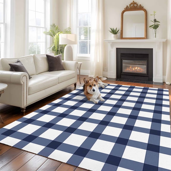 Navy Blue Plaid Check, Area Rug 5x8 FT, Non Slip Bedroom Throw Carpet, Geometrical Abstract Lattice Washable Soft Floor Carpet Non-Shedding Rug for Living Room Nursery Dorm Office