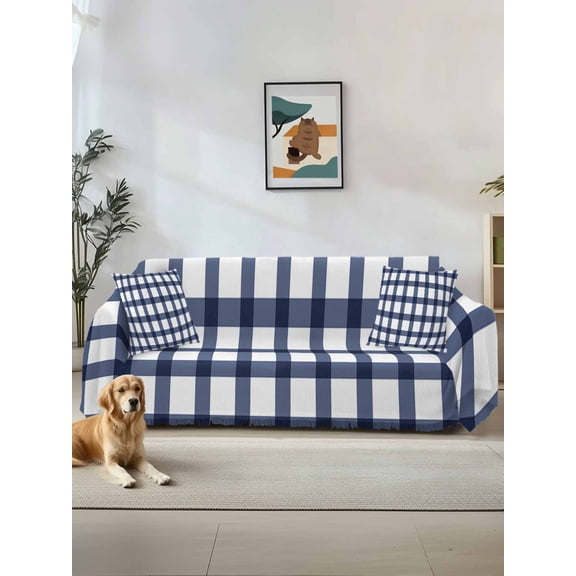 Navy Blue Plaid Check, Couch Cover, Geometrical Abstract Lattice Sofa Cover Blanket for 1 Seat Cushion, Sectional Sofa Slipcover Furniture Protector for Living Room Bedroom 71''x91''