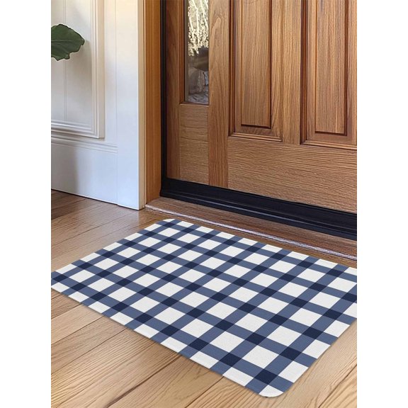Navy Blue Plaid Check, Door Mat&nbsp;Indoor Outdoor Entrance, Non Slip Rug for Kitchen Bathroom Entryway Rug, Geometrical Abstract Lattice Washable Doormat Floor Mat for Office Home Decor 24x36 Inch