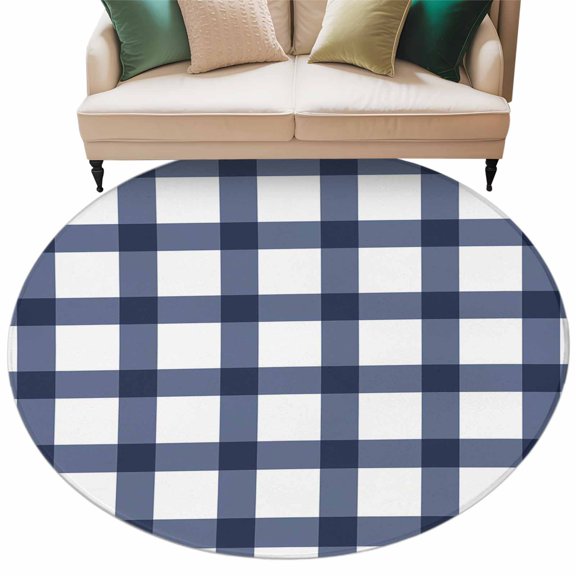 Navy Blue Plaid Check Large Area Rugs for Bedroom Living Room, Soft Non Slip Carpet Bedside Rug, Geometrical Abstract Lattice Round Floor Cover Kitchen Accent Rug 8' for Dining Room/Office