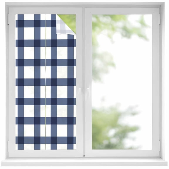Navy Blue Plaid Check Privacy Window Film, Decorative Frosted Glass Window Film, Geometrical Abstract Lattice Reusable Peel and Stick Static Cling for Home Bathroom Office Glass Door 17.7"x39.3"