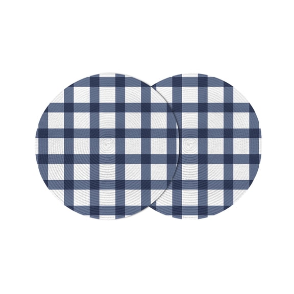 Navy Blue Plaid Check,Round Placemats Set of 2 for Dinning Tables,Heat-proof Braided Table Mats 13 Inch,Geometrical Abstract Lattice Washable Place Mat for Kitchen Restaurant Party Table Decor