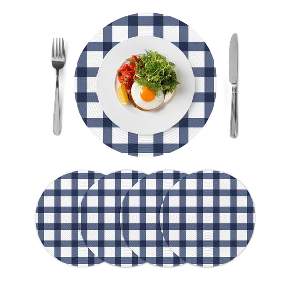 Navy Blue Plaid Check,Round Placemats Set of 4 for Dinning Tables,Heat-proof Braided Table Mats 13 Inch,Geometrical Abstract Lattice Washable Place Mat for Kitchen Restaurant Party Table Decor