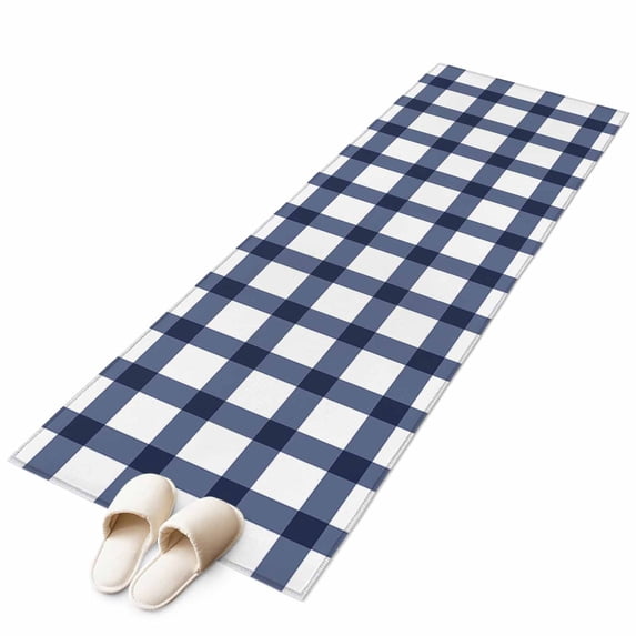 Navy Blue Plaid Check, Runner Rug 2x6 FT, Non Slip Hallway Carpet, Geometrical Abstract Lattice Washable Soft Floor Carpet Throw Runner Carpet Long Rug for Entryway Kitchen Bedside Sliding Door