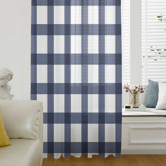 Navy Blue Plaid Check, Semi Sheer Curtains Drapes for Living Room, Bedroom, French Doors Window 45 Inches Long, Geometrical Abstract Lattice Rod Pocket Chiffon Curtain Drapery Voile Draperies Panel