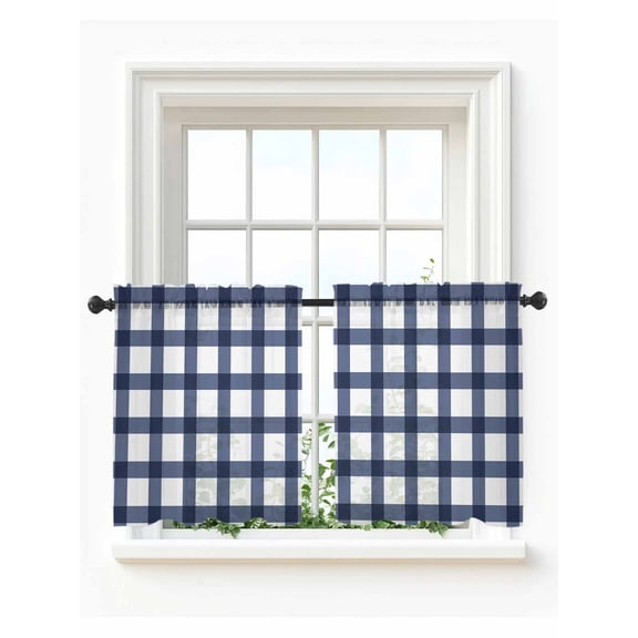 Navy Blue Plaid Check,Tier Curtains 24 Inch Length,Sheer Curtains for Bedroom Living Room Window Geometrical Abstract Lattice Rod Pocket Drapes Kitchen Curtains Small Half Window 27.5"x24" 2 Panels