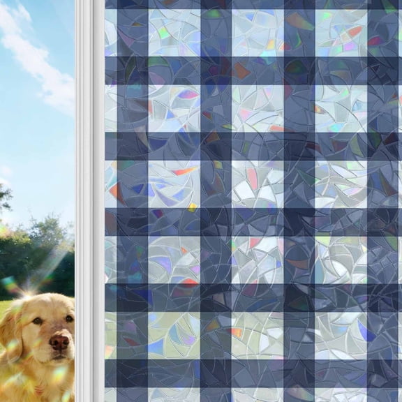 Navy Blue Plaid Check,Window Privacy Film Stain Glass,Reusable Decorative Rainbow Window Film,Geometrical Abstract Lattice Static Cling Sun Blocking Stickers Decals Covers 17.7" x 39.3" (2pcs)