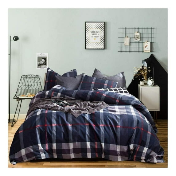 Navy Blue Plaid Comforters Queen Blue Geometric Tartan Bedding Comforters Cotton Women Men Preppy Check Warm Quilts Vintage Blue Grid Blankets Farmhouse Down Bed