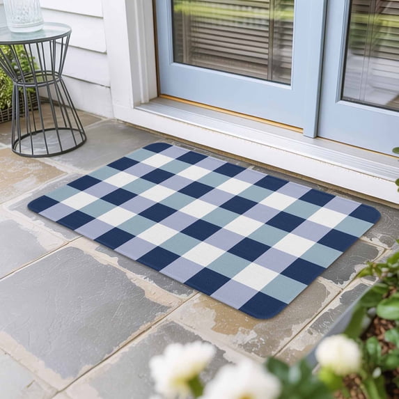 Navy Blue Plaid Door Mat Indoor Outdoor, Spring Farmhouse Buffalo Checkered Non Slip Welcome Mat with Rubber Backing, Absorbent Fabric Front Door Mats Entryway Rug for Home Patio Entrance 18"x30"