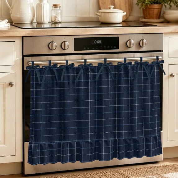 Navy Blue Plaid Grid Oven Skirt for Farmhouse Kitchen Décor, Modern Abstract Blue Checkered Oven Curtain Tie Top Decorative Stove Skirt, Cabinet Dish Washer Curtains with 8 Ribbon Ties 27"x20"