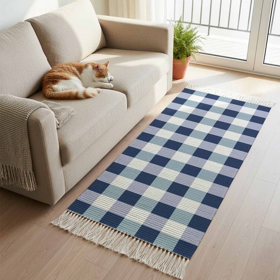 Navy Blue Plaid Hallway Runner Rug 2'x5', Spring Farmhouse Buffalo Checkered Washable Kitchen Runner Rug with Tassels, Laundry Room Rugs Woven Cotton Carpet for Bedroom Entryway Front Door