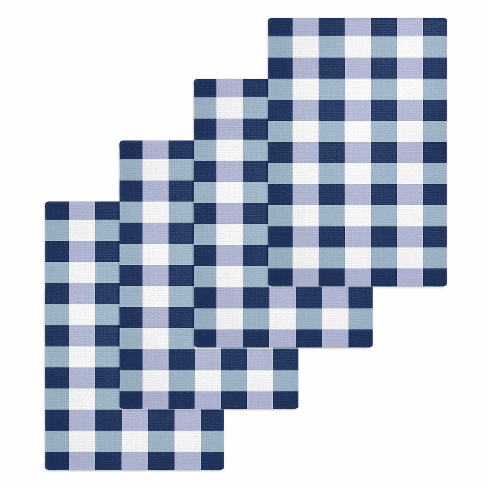Navy Blue Plaid Kitchen Dish Towels for Drying Dishes Set of 4, Spring Farmhouse Buffalo Checkered Waffle Weave Microfiber Hand Tea Bathroom Towels Quick Dry & Absorbent Towel 15.7x23.6