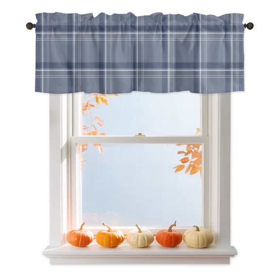 Navy Blue Plaid Minimalist Valances for Windows,Kitchen Valance Rod Pocket Short Curtain 42x12in, Nautical Tartan Checkered Valance Curtain Window Valances for Bedroom Bathroom Living Room
