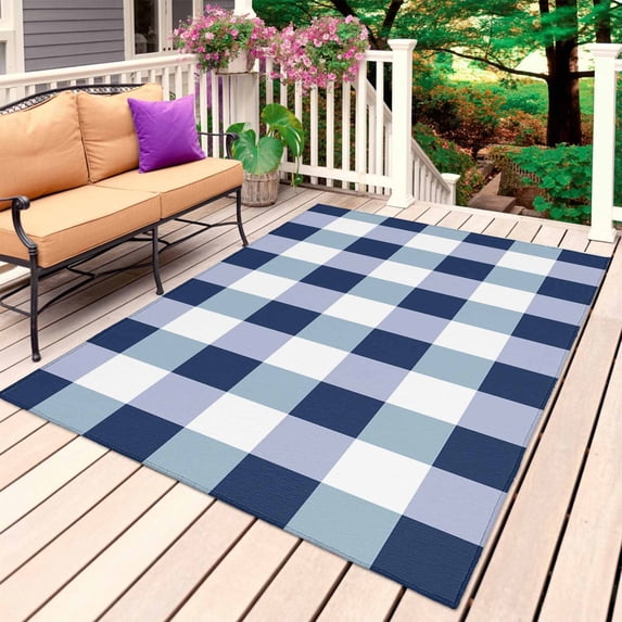 Navy Blue Plaid Outdoor Rug 3x5 Ft, Non Slip Washable Area Rug, Spring Farmhouse Buffalo Checkered Patio Rugs Carpet Runner, Large Floor Mat for Indoor/Outdoor Deck Porch Camping