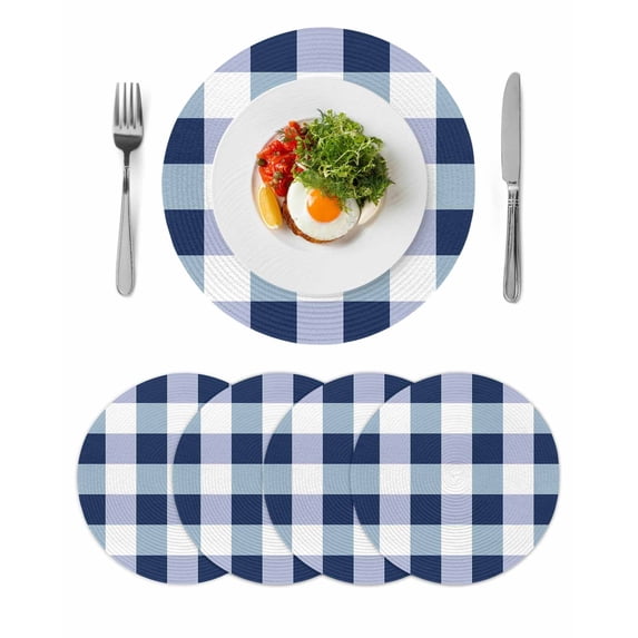 Navy Blue Plaid Round 13 Inch Placemats Set of 4, Spring Farmhouse Buffalo Checkered HeatResistant Non Slip Place Mats for Dining Table, Wipeable Braided Kitchen Table Mats for Housewarming