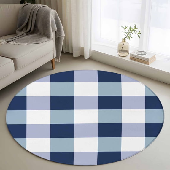 Navy Blue Plaid Round Area Rug 3.3 FT, Non Slip Small Entryway Kitchen Mat, Spring Farmhouse Buffalo Checkered Washable Soft Circular Rug Non-Shedding Door Mat for Bathroom Playroom Kids Room