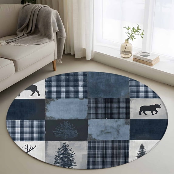 Navy Blue Plaid Round Area Rug 4 FT, Non Slip Indoor Outdoor Rug, Vintage Farmhouse Animals Tree Washable Soft Circular Carpet Non-Shedding Floor Mat for Coffee Table Nursery Foyer Balcony