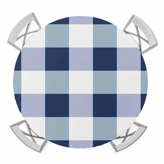 Navy Blue Plaid Round Tablecloth for 45-54 Inch Tables,Fitted Table Cover with Elastic Edge,Spring Farmhouse Buffalo Checkered Waterproof Outdoor Table Cloth Protector for Patio Garden Dinner Picnic