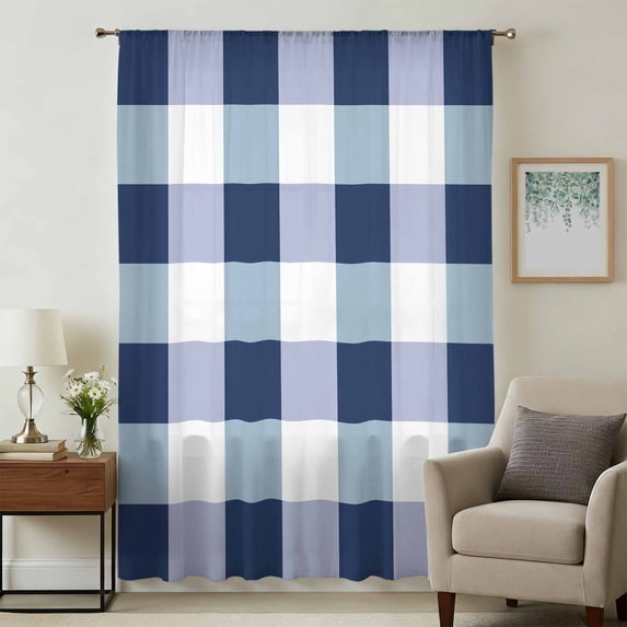 Navy Blue Plaid Sheer Curtains 63 Inches Long, Spring Farmhouse Buffalo Checkered Light Filering Curtains, Breathable Simi Curtain Privacy Drapes for Living Room Bedroom Lightweight Window Treatment
