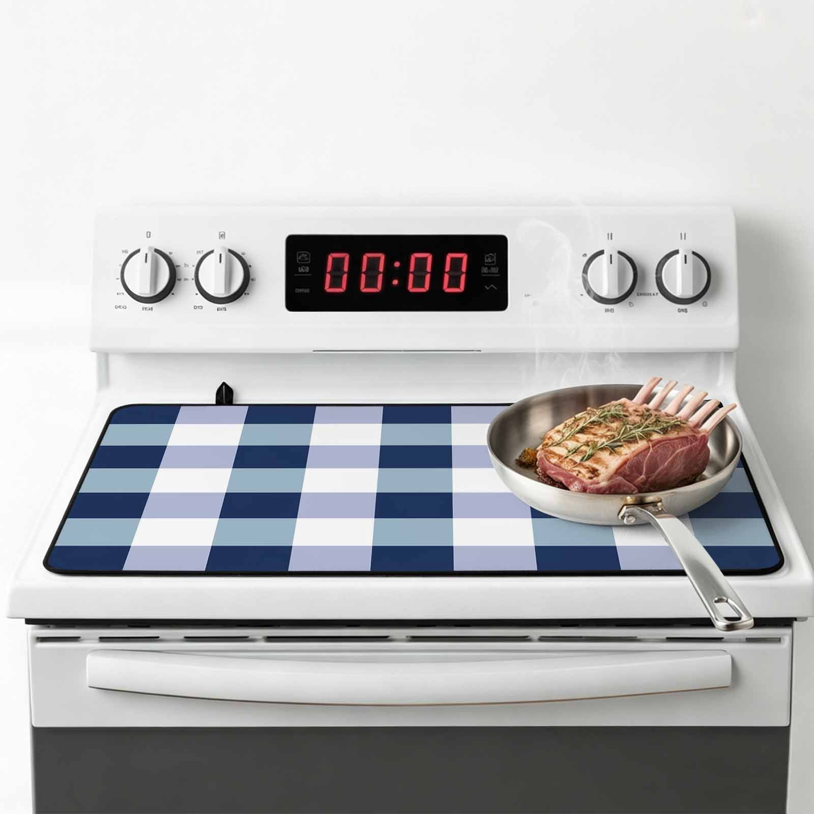 Navy Blue Plaid Stove Top Cover for Electric Stove, Heat-proof & Non Slip Glass Top Stove Cover Protector, Spring Farmhouse Buffalo Checkered Kitchen Flat Cooktop Rubber Mat 24x21 Inches