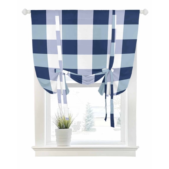 Navy Blue Plaid Tie Up Curtains for Window, Thermal Insulated Balloon Shade Adjustable Rod Pocket Curtains Valance Panels for Kitchen Bathroom Cafe 42 x 54 Spring Farmhouse Buffalo Checkered