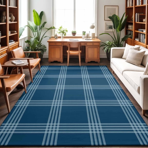 Navy Blue Plaid Washable Area Rug 9 x 12 ft Nautical Coastal Blue Plaid, Soft Non Slip Rugs Stain Repellent Indoor Felt Carpet for Living Dining Room Bedroom Home Office