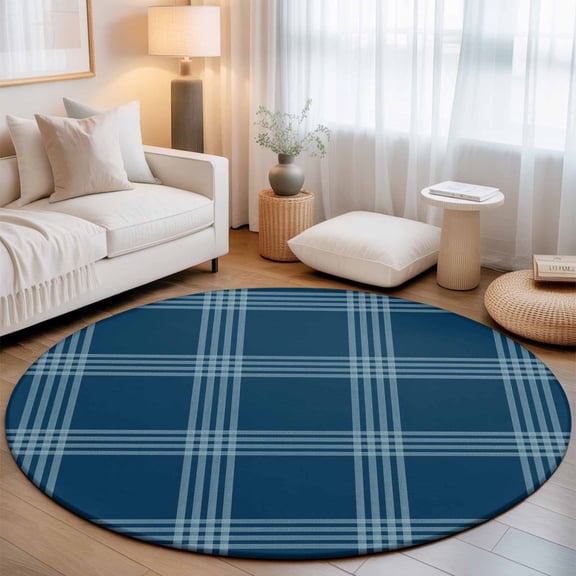 Navy Blue Plaid Washable Round Area Rug 3 ft, Nautical Coastal Blue Plaid, Soft Non Slip Rugs Stain Repellent Indoor Felt Carpet for Living Dining Room Bedroom Home Office