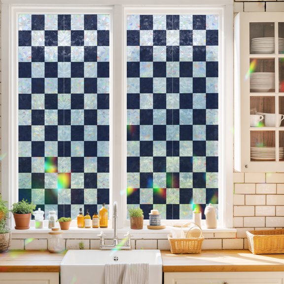 Navy Blue Plaid Window Privacy Film Modern Checkerboard Plaid Repeating Pattern Static Cling Stained Glass Window Film Non-Adhesive Decorative Decals Rainbow Sticker 17.7"X39.3"