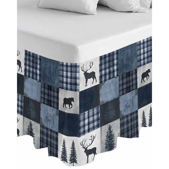 Navy Blue Plaid Wrap Around Bed Skirts for Queen Bed 18" Drop, Bed Skirt with Adjustable Elastic Belt Dust Ruffle Bed Valance for Bedroom Hotel Luxury Vintage Farmhouse Animals Tree Bed Frame Cover