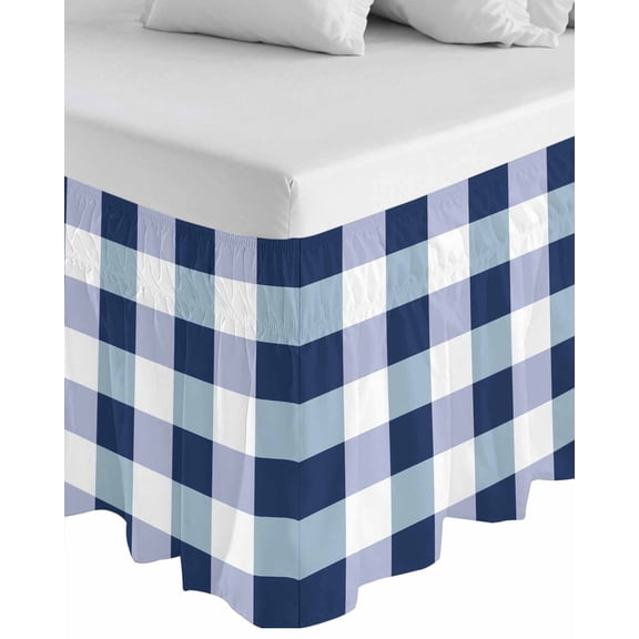 Navy Blue Plaid Wrap Around Bed Skirts for Queen Bed 18" Drop,Bed Skirt with Adjustable Elastic Belt Dust Ruffle Bed Valance for Bedroom Hotel Spring Farmhouse Buffalo Checkered Bed Frame Cover