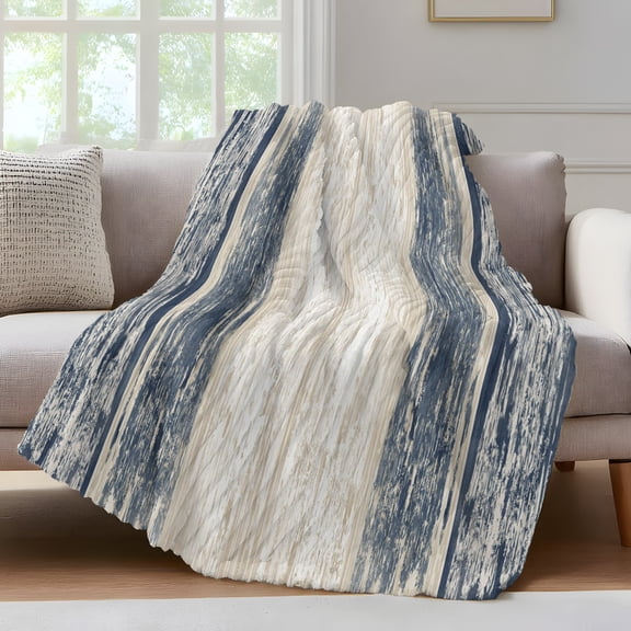 Navy Blue Planks Throw Blanket for Couch Industrial Vertical Wood Grain Soft and Warm Flannel 3D Striped Fluffy Fuzzy Fleece Blanket Lightweight Throw for Bed, Sofa 30 x 40 Inches