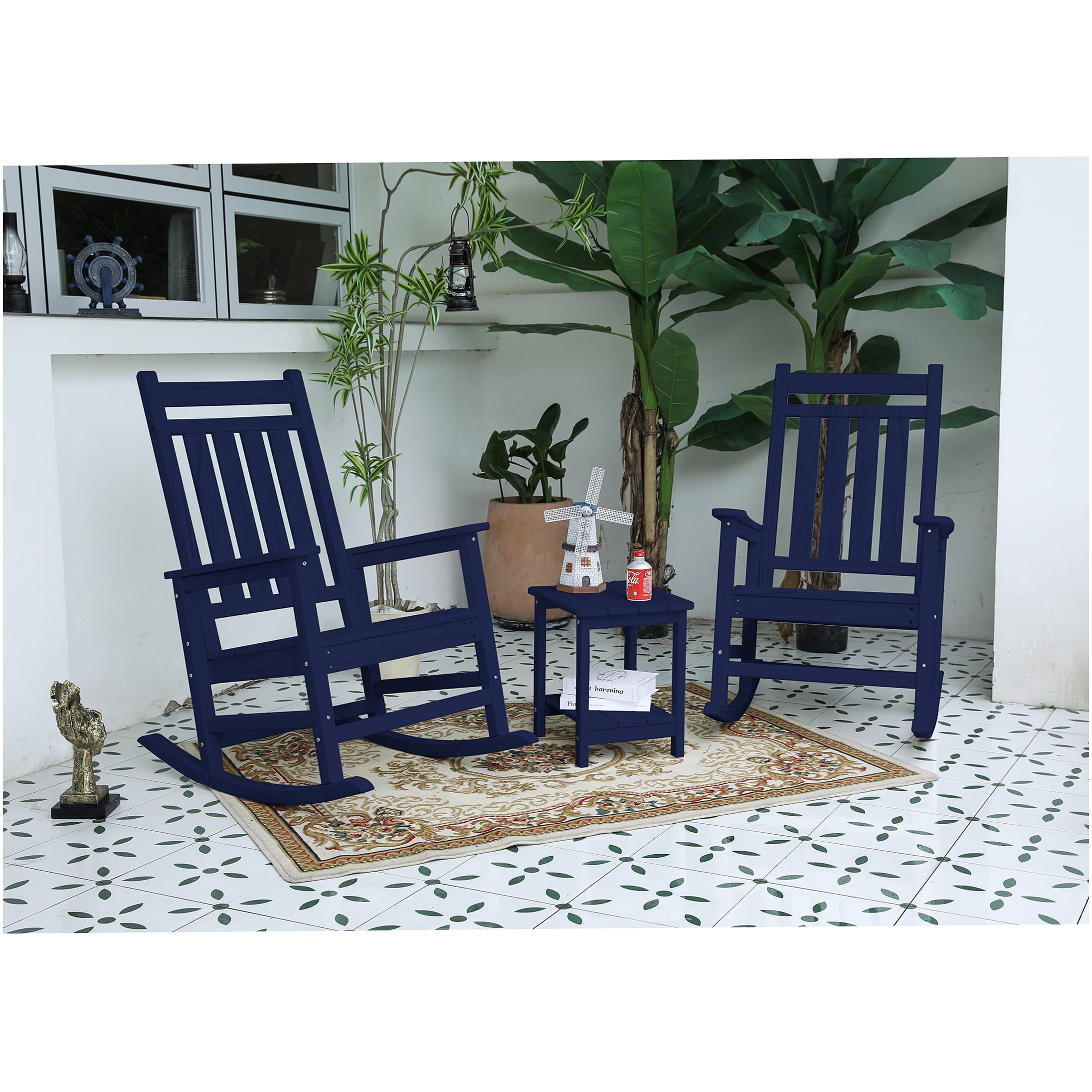 Magis Me Blue Rocker Chair Navy Blue Plastic Rocking Chair Set with Side Table, All-Weather Patio ...