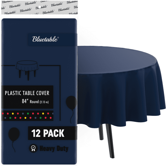 Round Plastic Tablecloth Navy Blue Disposable (12 Pack) Bulk - Heavy Duty Table Cloth (84” Inches) Round Tables Tablecloths