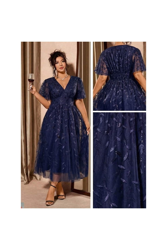 Navy Blue Plus Size Elegant Party V-Neck Mesh Sequin Leaf Embroidered Ruffle Hem Dress
