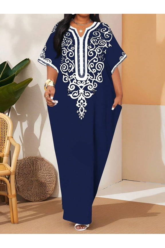 Navy Blue Plus Size Embroidered Caftan Dress With Notch Neck And Short Sleeves