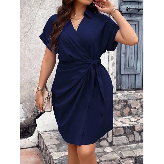 Navy Blue Plus Size Knot Side Wrap Shirt Dress With Collared V-Neck And Short Sleeves