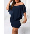 thumbnail image 1 of Navy Blue Plus Size Off-Shoulder Fitted Mini Dress With Sheer Flounce Overlay, 1 of 7